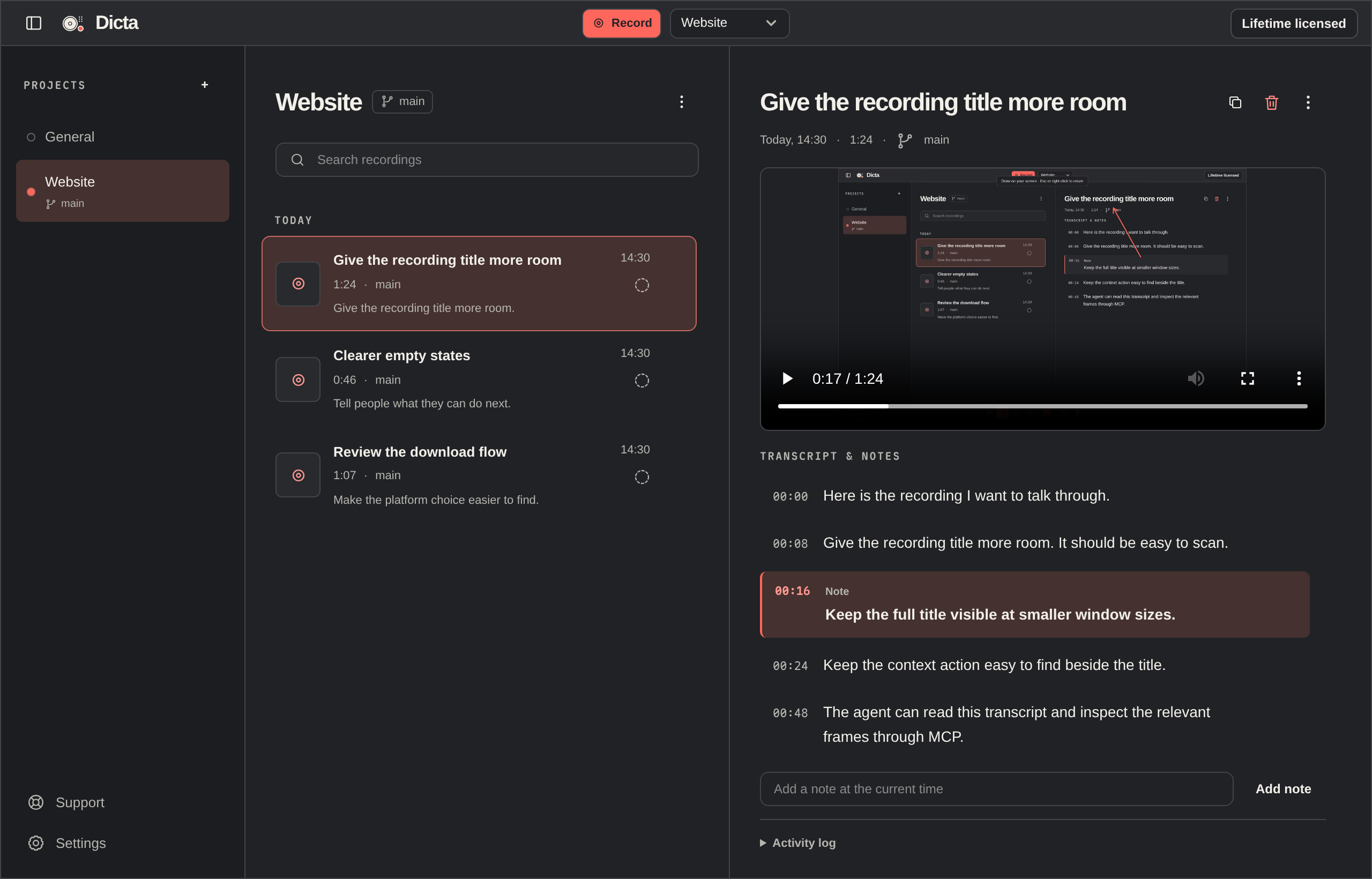 The actual Dicta app with projects, recordings, video playback, transcript and timestamped notes.