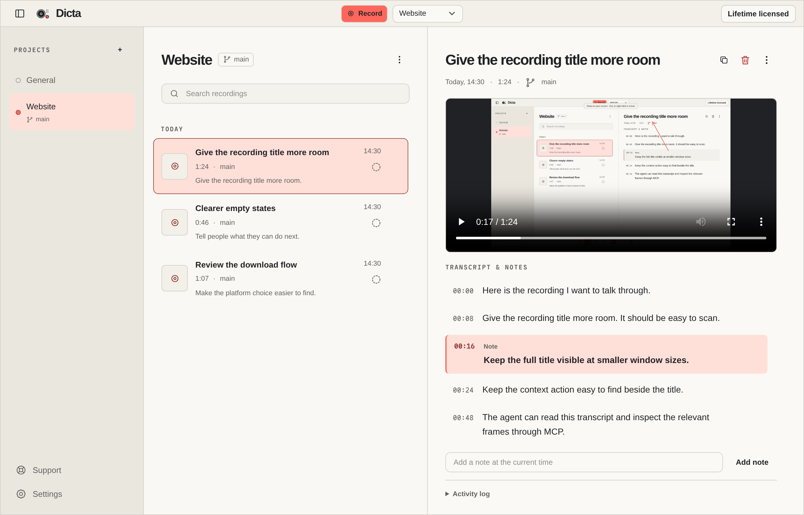 The actual Dicta app with projects, recordings, video playback, transcript and timestamped notes.